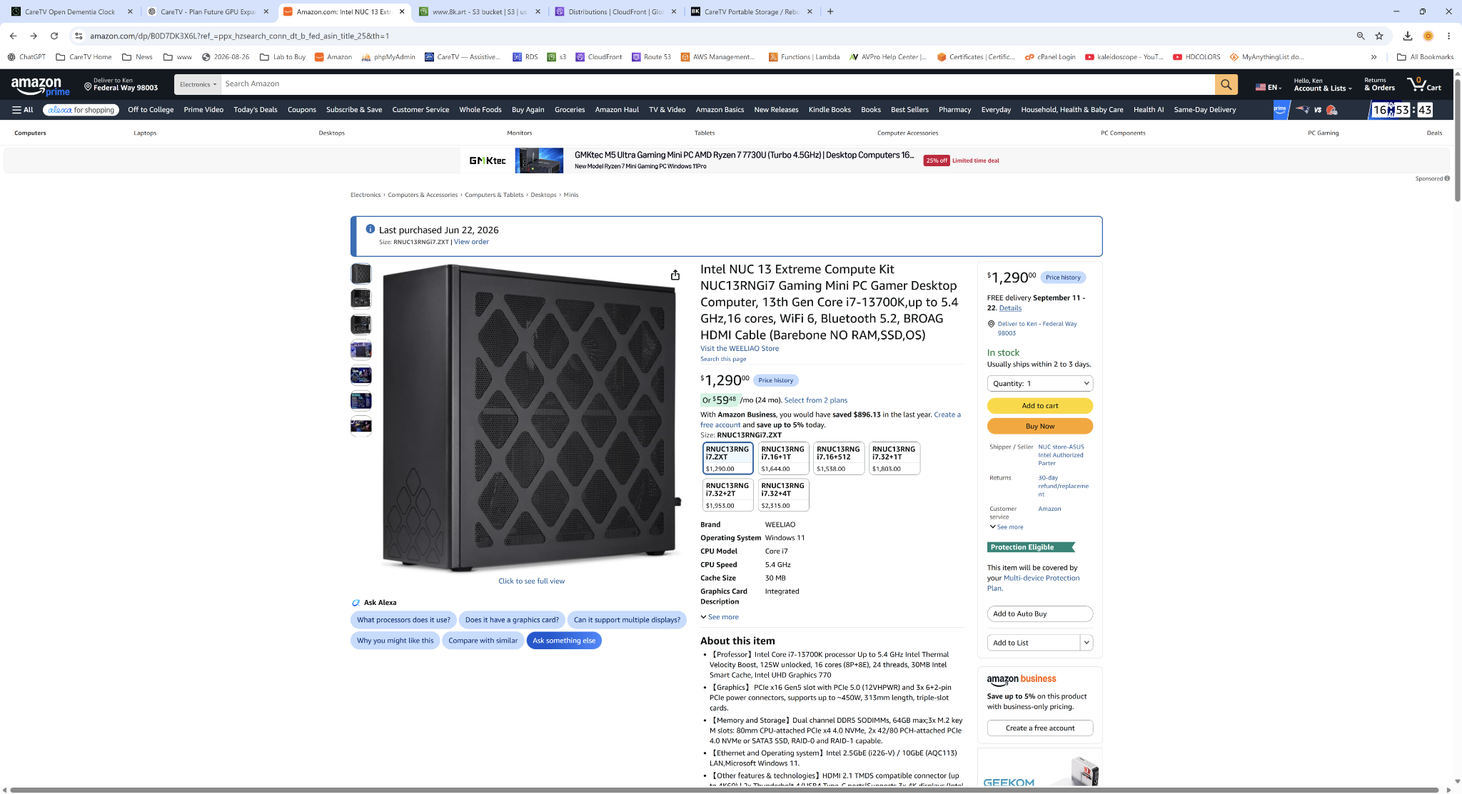 Amazon page identifying Intel NUC 13 Extreme NUC13RNGi7