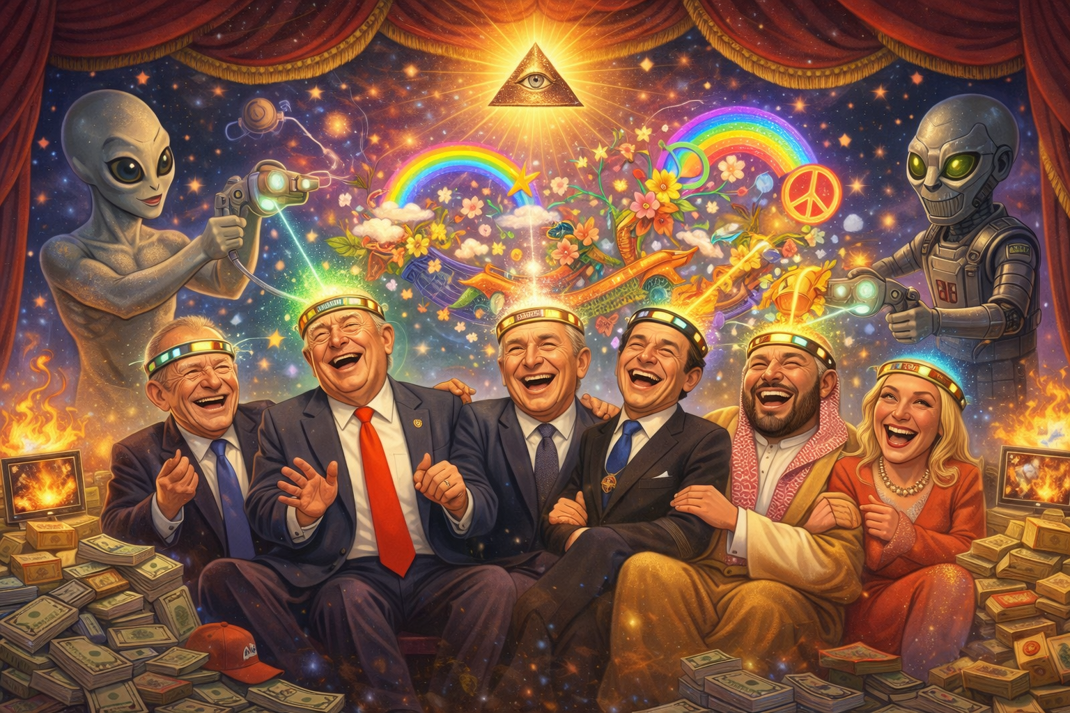 Satirical image of powerful figures laughing while the world burns around them.