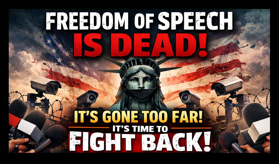 Poster warning about censorship, surveillance, and the suppression of public speech.