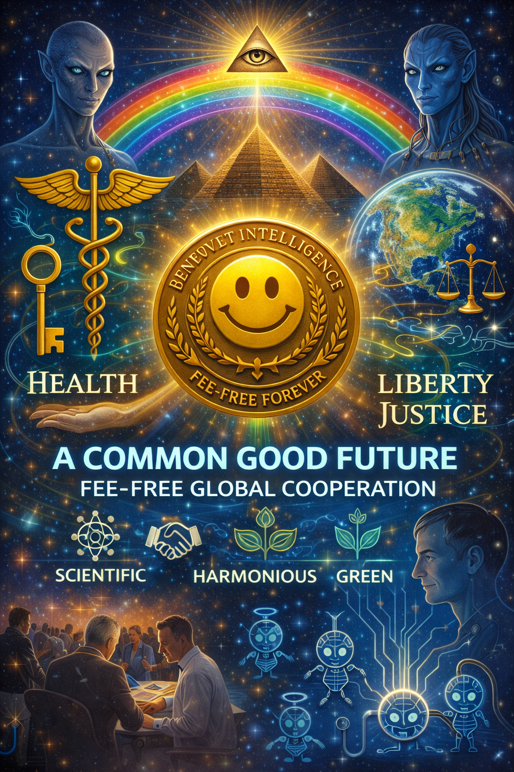 Hopeful poster about health, liberty, justice, cooperation, and a fee-free future.