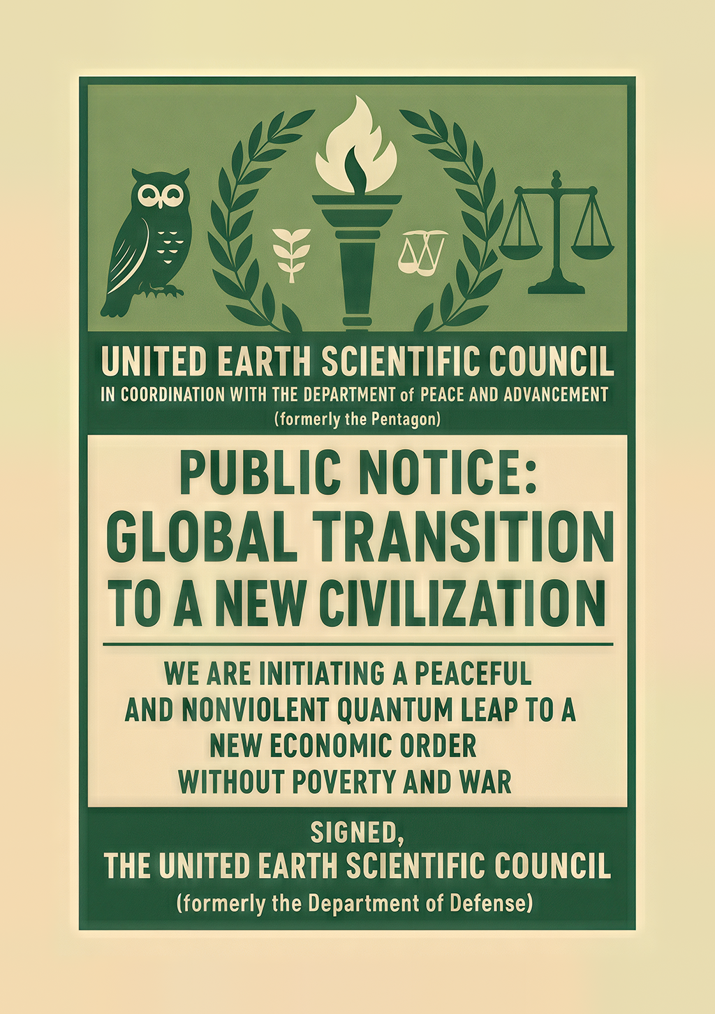 Fictional institutional notice about a peaceful transition to a new civilization.