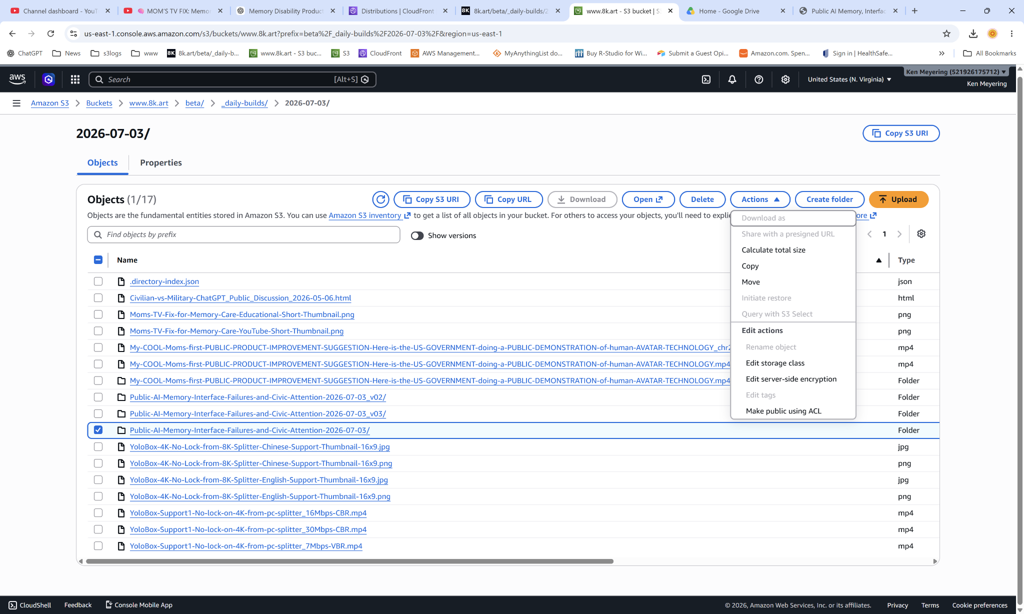 Screenshot of the AWS S3 console showing a selected prefix and an Actions menu where Copy is available but a simple rename is not the obvious path.