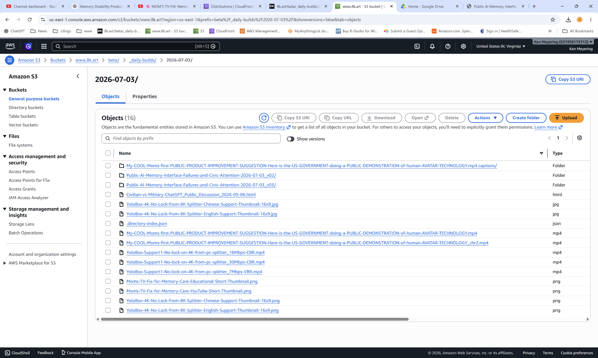 AWS object listing after the move, where v02 and v03 remain visible but the original unsuffixed folder is not visible.