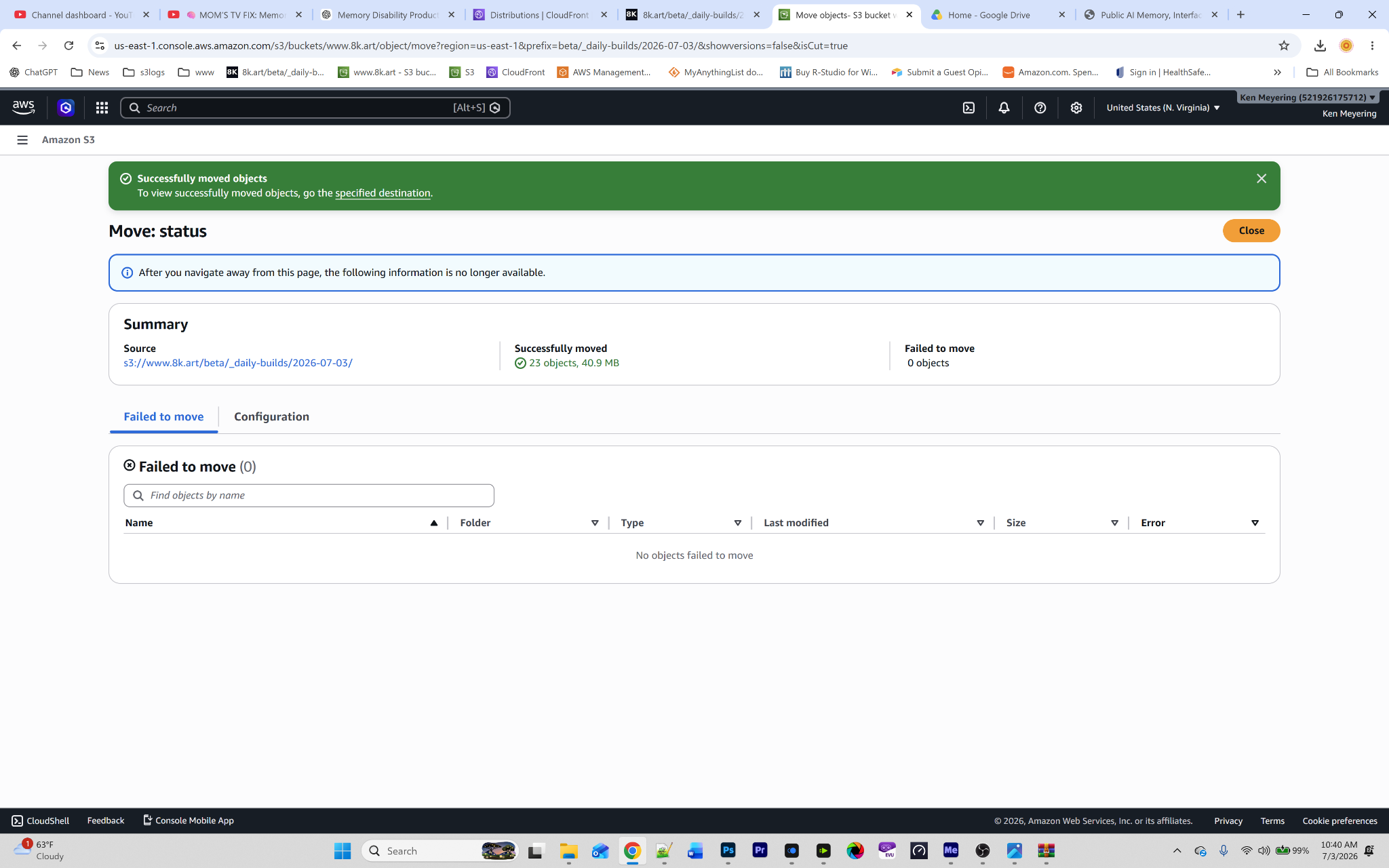 AWS status page showing that 23 objects were successfully moved with no failed objects.